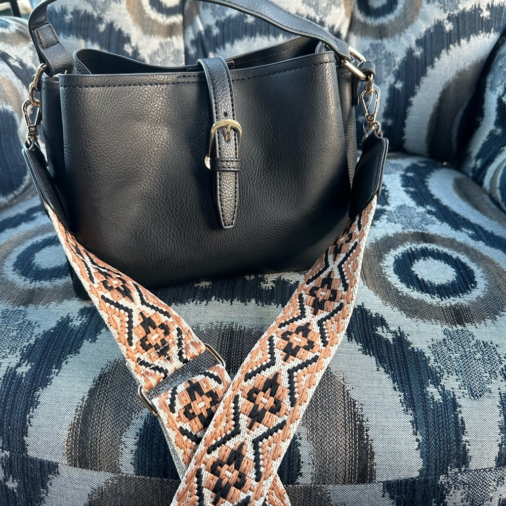 Buckle Flap Shoulder Bag with Aztec Pattern Strap